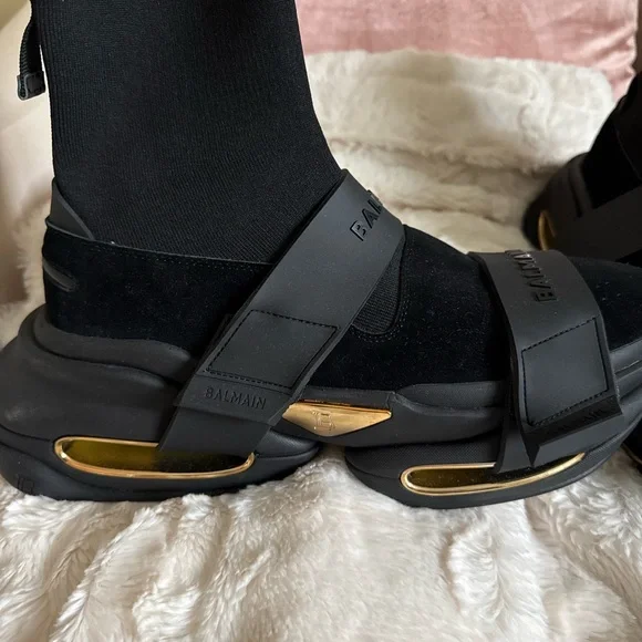 Balmain Black and Gold Sandals with Chunky Sole